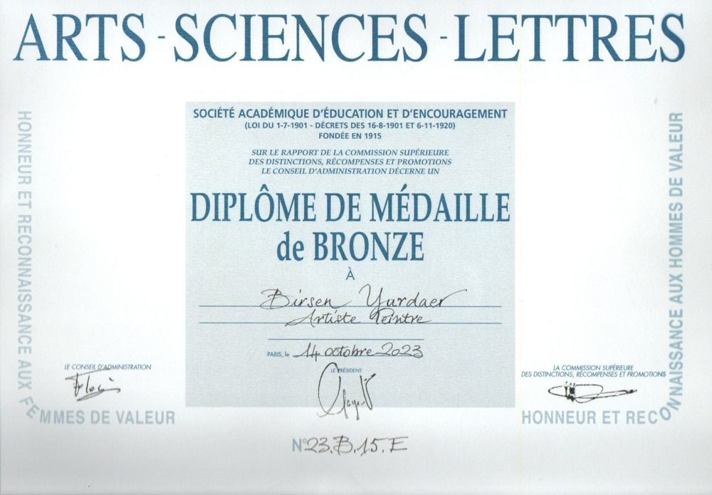 Diplôme de Médaille de Bronze, Arts-Sciences-Lettres, Paris 2023